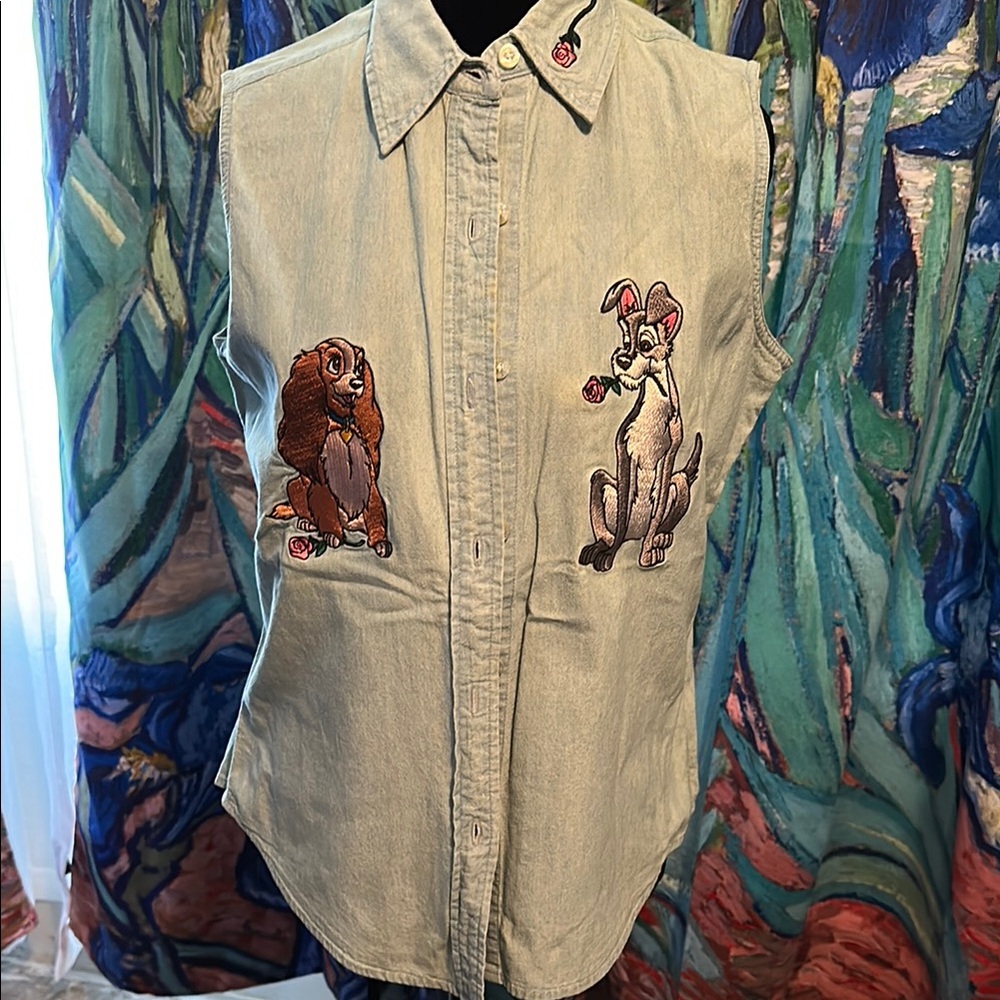 Disney Women's Button Down Shirt with Lady and the Tramp Design - Light Blue